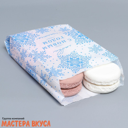 Пакет бумажный 20*11*4 см, без окна, V-образное дно, (белый) "С Новым годом", снежинки 