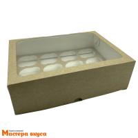 Коробка для 12 капкейков с окном, 350*250*100 мм (крафт), СТАНДАРТ