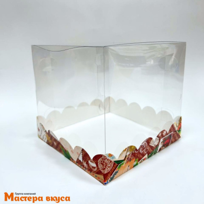 Коробка под бенто-торт и пряничн. домик ПРЕМИУМ с прозр.крышкой,150*150*140 мм (Новогодние открытки)
