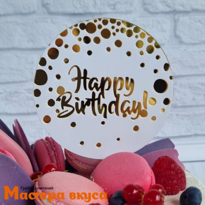 Топпер акриловый  С Днем Рождения (HAPPY BIRTHDAY), белый (круг с конфетти), ~10*17 см