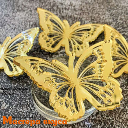 Зеркальное украшение  мини БАБОЧКИ изогнутые, золото,  (набор 10 шт) ~3,5*4,5 см 