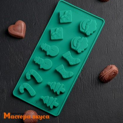 Форма для шоколада силиконовая  НОВОГОДНЕЕ АССОРТИ (12 ячеек) 21,5*10 см 
