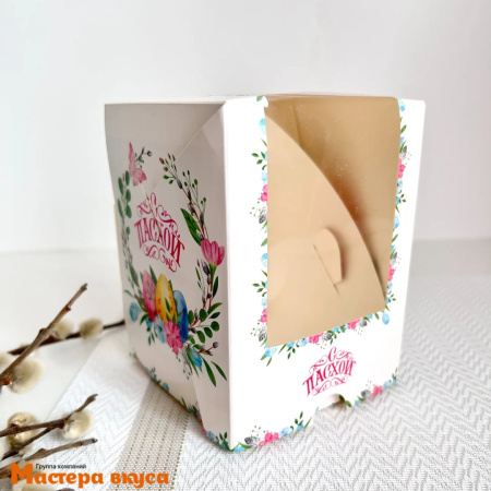 Коробка для  1 капкейка и кулича с панорамным окном, 125*95*95 мм, "Пасхальный венок"