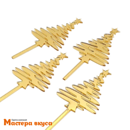 Зеркальное украшение  мини  ЕЛКА, золото, (набор 4 шт) ~6,5*4,4 см (с палочкой)