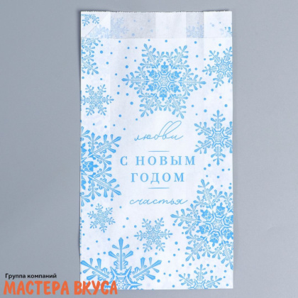 Пакет бумажный 20*11*4 см, без окна, V-образное дно, (белый) "С Новым годом", снежинки 