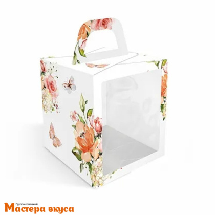 Коробка под кулич и пряничный домик с окном и ручкой, 15*15*18 см (Цветы)
