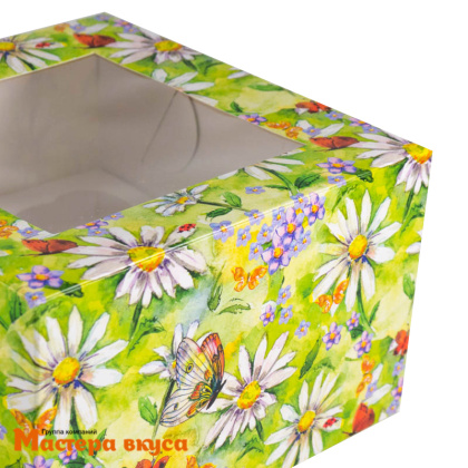 Коробка для  4 капкейков с окном, 160*160*100 мм (Акварельные ромашки)