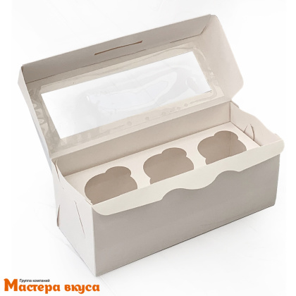 Коробка для  3 капкейков с окном, 250*100*100 мм (белая)