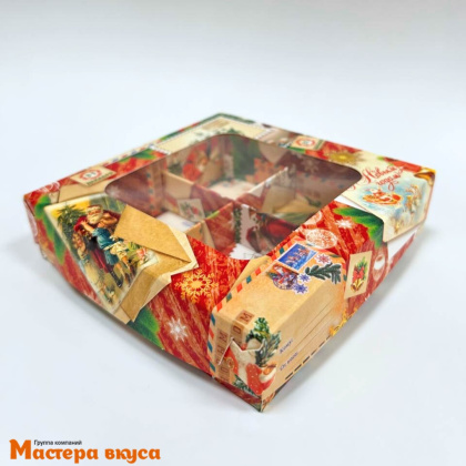 Упаковка для конфет  4 шт с окном (крышка/дно) 120*120*30мм (Новогодние открытки) (4-д)