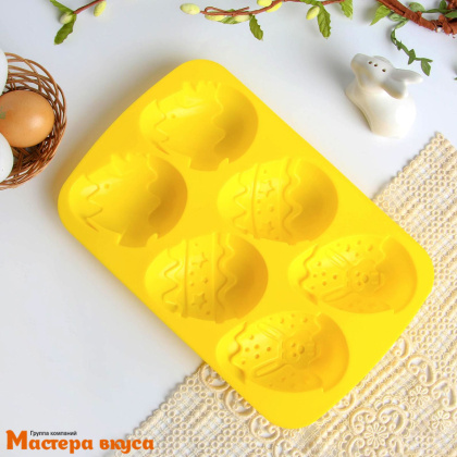 Форма силиконовая ЯЙЦА -ЗАЙЦЫ И ЦЫПЛЯТА, (6 ячеек), 17,1*26*2,7 см