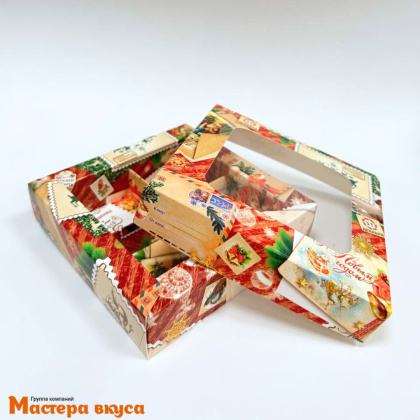 Упаковка для конфет  4 шт с окном (крышка/дно) 120*120*30мм (Новогодние открытки) (4-д)