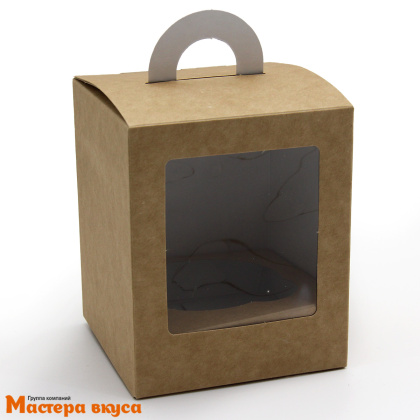 Коробка для  1 капкейка и кулича с окном и ручкой, 92*92*111 мм, (крафт)