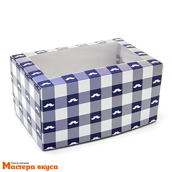 Коробка для  2 капкейков с окном, 160*80*100 мм (мужская Усы белая/синяя)