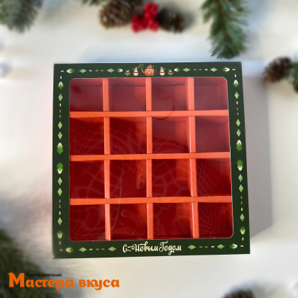 Упаковка для конфет 16 шт с обечайкой с окном 177*177*38мм  (Новогоднее чаепитие)