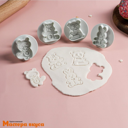 Вырубка-плунжер с выталкивателем МЯГКАЯ ИГРУШКА для мастики и марципана, 5*6 см, набор 4 шт