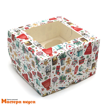 Коробка для  4 капкейков с окном, 160*160*100 мм  (Акварель)