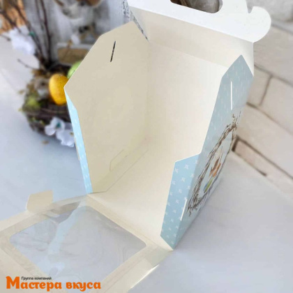 Коробка под кулич и пряничный домик с окном и ручкой, 15*15*18 см (Верба), фронтальная загрузка 