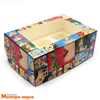 Коробка для  6 капкейков с окном, 250*170*100 мм (Pop-art, клубничка)