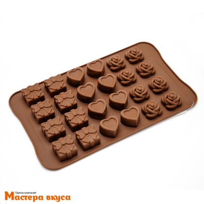 Форма для шоколада силиконовая  АССОРТИ (ПОДАРОК, СЕРДЦЕ, РОЗА), (24 ячейки) 23*13,8 см
