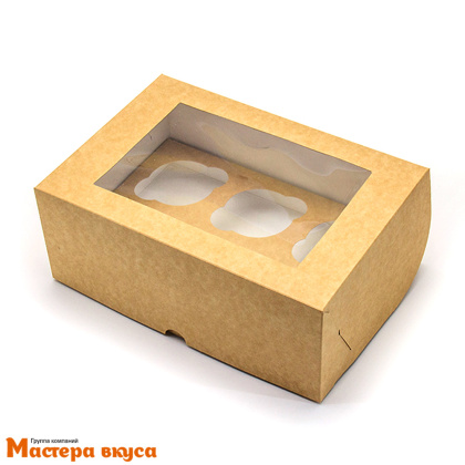 Коробка для  6 капкейков с окном, 250*170*100 мм, (крафт)