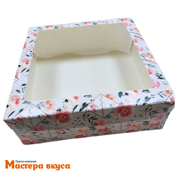 Упаковка для зефира и пирожных с окном 200*200*70 мм  (С праздником/розы) (2-д)