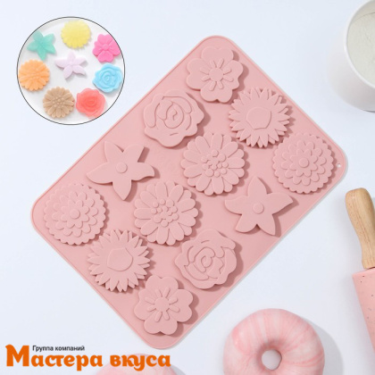 Форма для шоколада силиконовая  ЦВЕТОЧНАЯ ПОЛЯНА, (12 ячеек) 22,5*16,5*0,5 см
