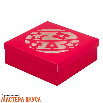 Упаковка для зефира и печенья с окном 200*200*70 мм  НГ (Новогодний шар), красная матовая