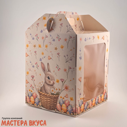 Коробка под кулич и пряничный домик с окном и ручкой, 15*15*18 см, "Кролик в корзинке"