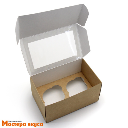 Коробка для  2 капкейков с окном, 160*100*80 мм, (крафт) 