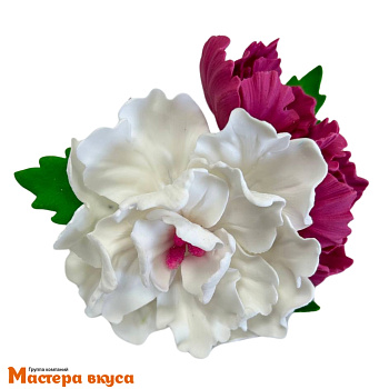 Сахарное украшение букет ПИОН БЕЛЫЙ И РОЗОВЫЕ БУТОНЫ, длина ~12,5см