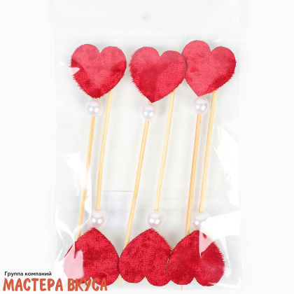 Шпажки "Сердечки красные с жемчужиной", дерево,  (набор 6 шт)