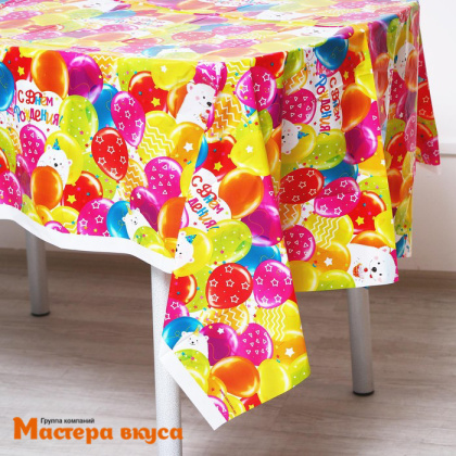 Скатерть полиэтиленовая, 130*180 см, "С Днем Рождения" мишка