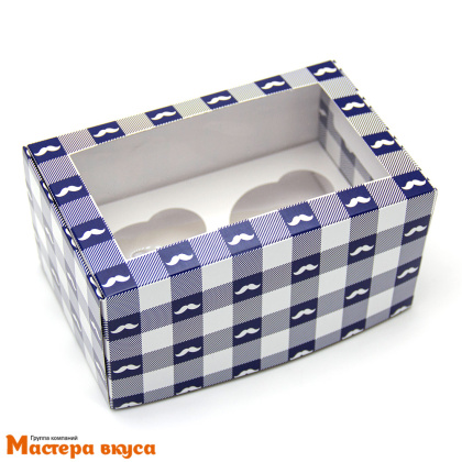 Коробка для  2 капкейков с окном, 160*80*100 мм (мужская Усы белая/синяя)