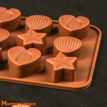 Форма для шоколада силиконовая  АССОРТИ (ЗВЕЗДЫ, РАКУШКИ, СЕРДЦА), (15 ячеек) 20,6*10,3 см