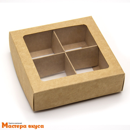 Упаковка для конфет  4 шт с окном (крышка/дно) 126*126*35мм (крафт)