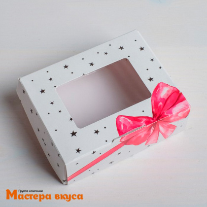 Упаковка для сладостей с окном 10*8*3,5 см "Подарок", розовый бант