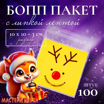 Пакет для пряников и сладостей 10*10 см, с клеевым клапаном,  "Счастливого рождества" (упак 10 шт)