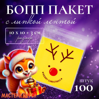 Пакет для пряников и сладостей 10*10 см, с клеевым клапаном,  "Счастливого рождества" (упак 10 шт)