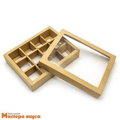 Упаковка для конфет 12 шт с окном (крышка/дно) 190*150*36мм (крафт)