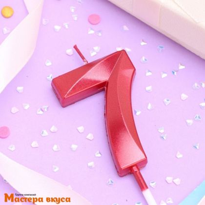 Свеча-цифра "Грань", красный металлик, на шпажке - 7  (h-6 см)