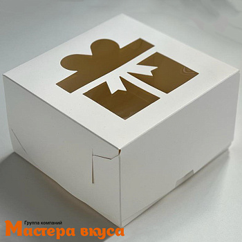 Коробка для  4 капкейков с окном ПОДАРОК, 160*160*100 мм (белая) (2-д)