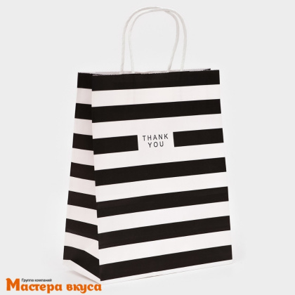 Пакет бумажный с ручками 210*110*270 мм, бело-черный "Thank you"