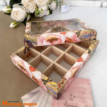 Упаковка для конфет 12 шт с окном (крышка/дно) 190*150*36мм (крафт Цветы)
