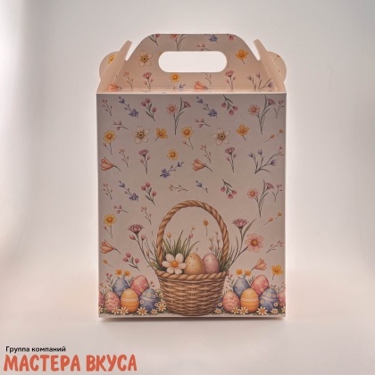 Коробка под кулич и пряничный домик с окном и ручкой, 15*15*18 см, "Кролик в корзинке"