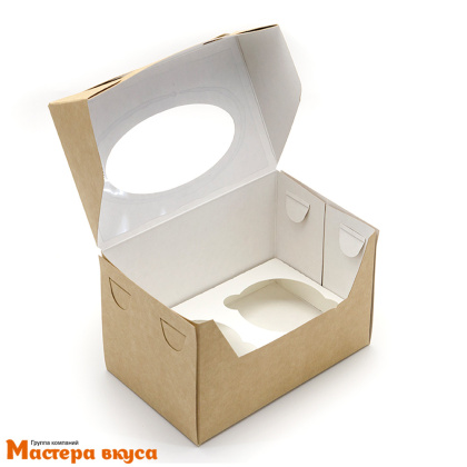 Коробка для  2 капкейков с окном, 160*100*100 мм (крафт) (2-д)