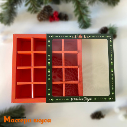 Упаковка для конфет 16 шт с обечайкой с окном 177*177*38мм  (Новогоднее чаепитие)