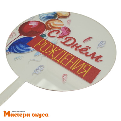 Топпер акриловый  С ДНЕМ РОЖДЕНИЯ, прозрачный (круг шарики), d~10 см