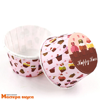 Форма бумажная Маффин 50*40 мм, ламинированная РОЗОВАЯ С КЕКСАМИ