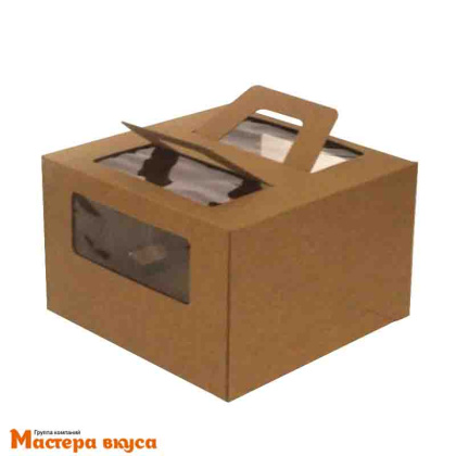 Короб для торта с окном и ручками 260*260*200 мм, бурый (крафт), АП