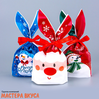 Пакет для сладостей  с завязками-ушками 12*22 см,  "Дедушка Мороз", микс